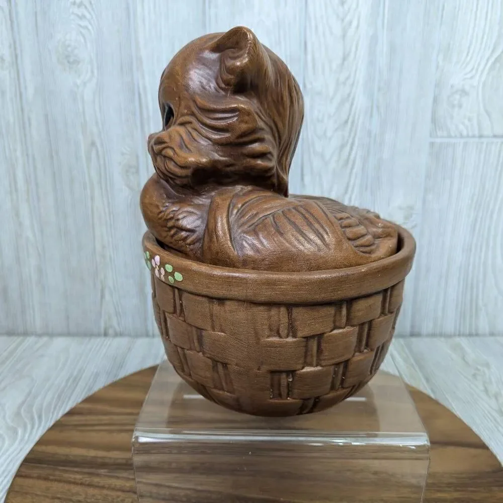 Vintage Twin Winton California Pottery Brown Cat Kitten In Basket Cookie Jar